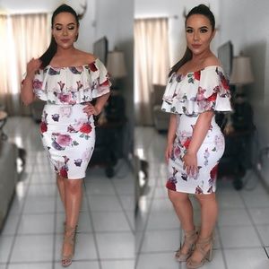 Floral white off the shoulder body con dress